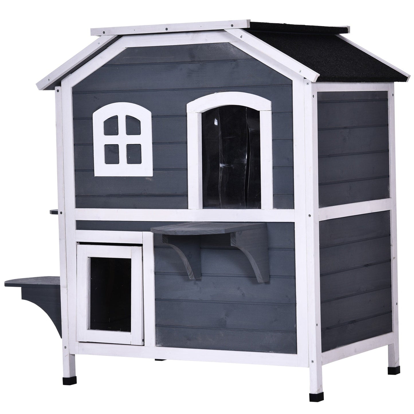 PawHut Fir Wood 2-Story Outdoor Cat House, Wooden Feral Cat Shelter with Openable Asphalt Roof for Indoor/Outdoor, White / Grey