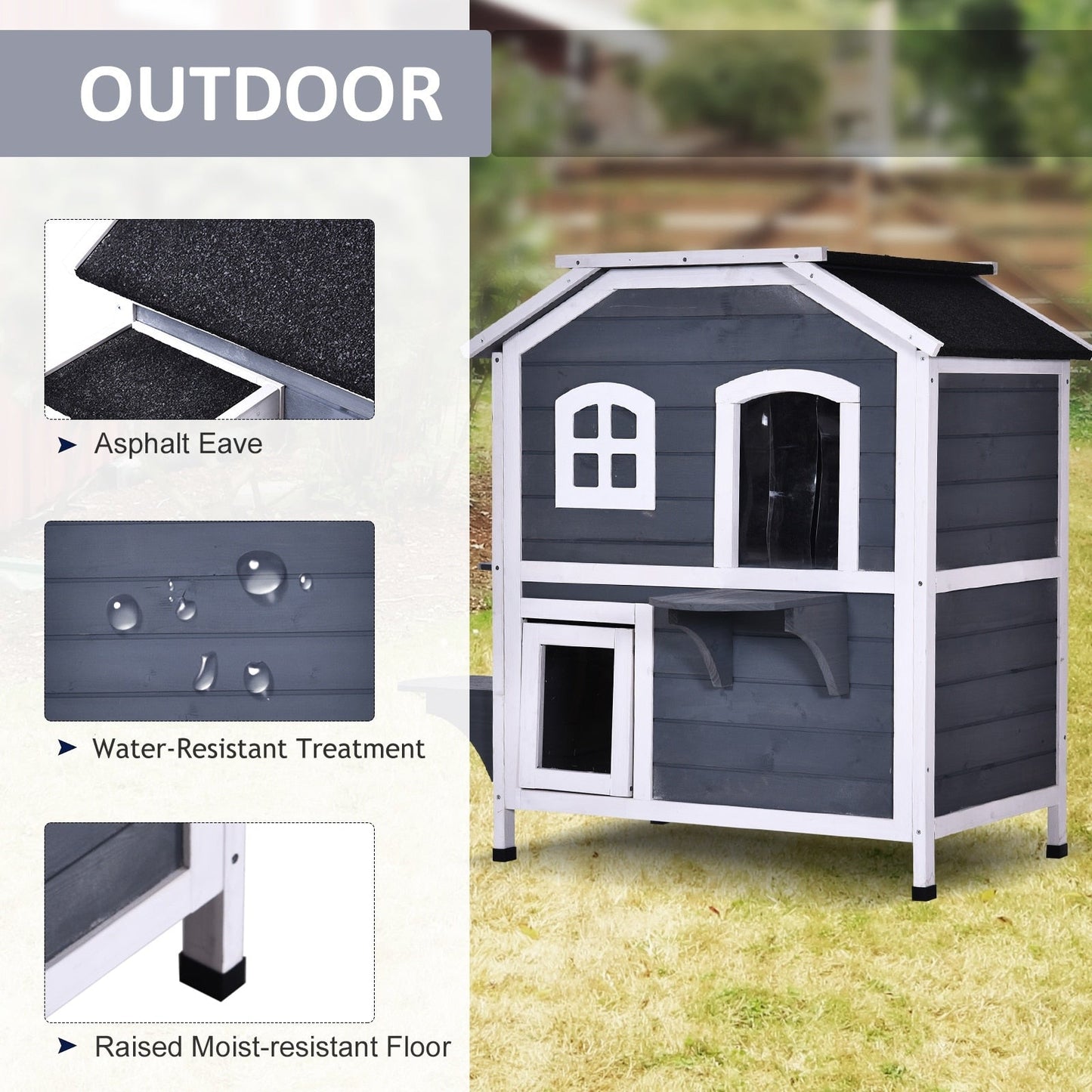 PawHut Fir Wood 2-Story Outdoor Cat House, Wooden Feral Cat Shelter with Openable Asphalt Roof for Indoor/Outdoor, White / Grey