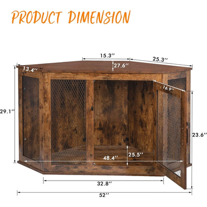 BOSSIN Corner Dog Crate Furniture,44/52 inch Wooden Dog Kennel Furniture with Mesh,Decorative Wood Dog House for Indoor use